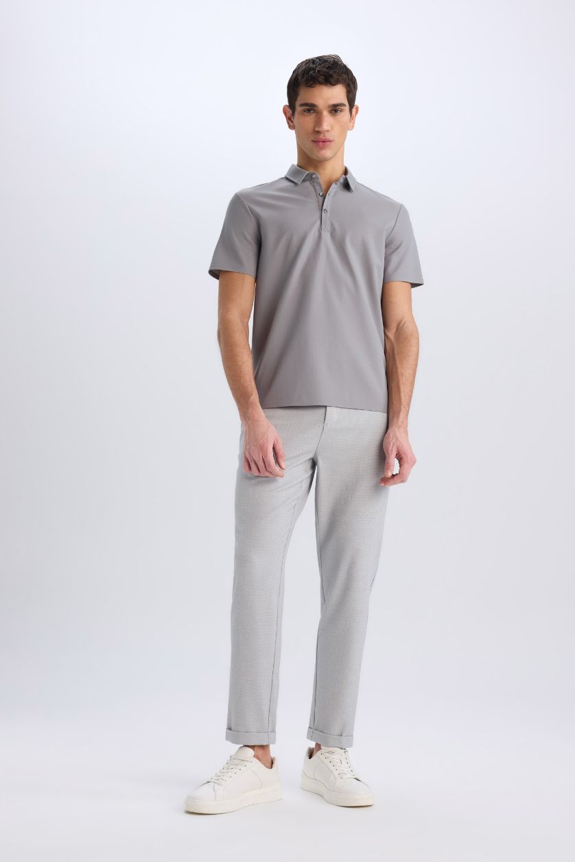 Erkek Gri Slim Fit Dar Kesim Polo Yaka Kısa Kollu Waffle Tişört