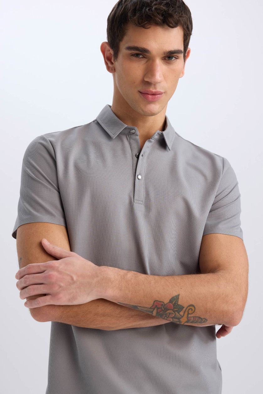 Erkek Gri Slim Fit Dar Kesim Polo Yaka Kısa Kollu Waffle Tişört