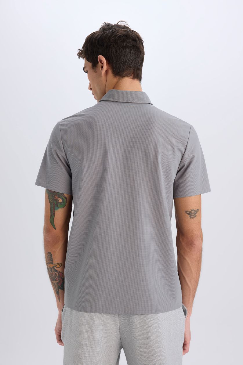 Erkek Gri Slim Fit Dar Kesim Polo Yaka Kısa Kollu Waffle Tişört