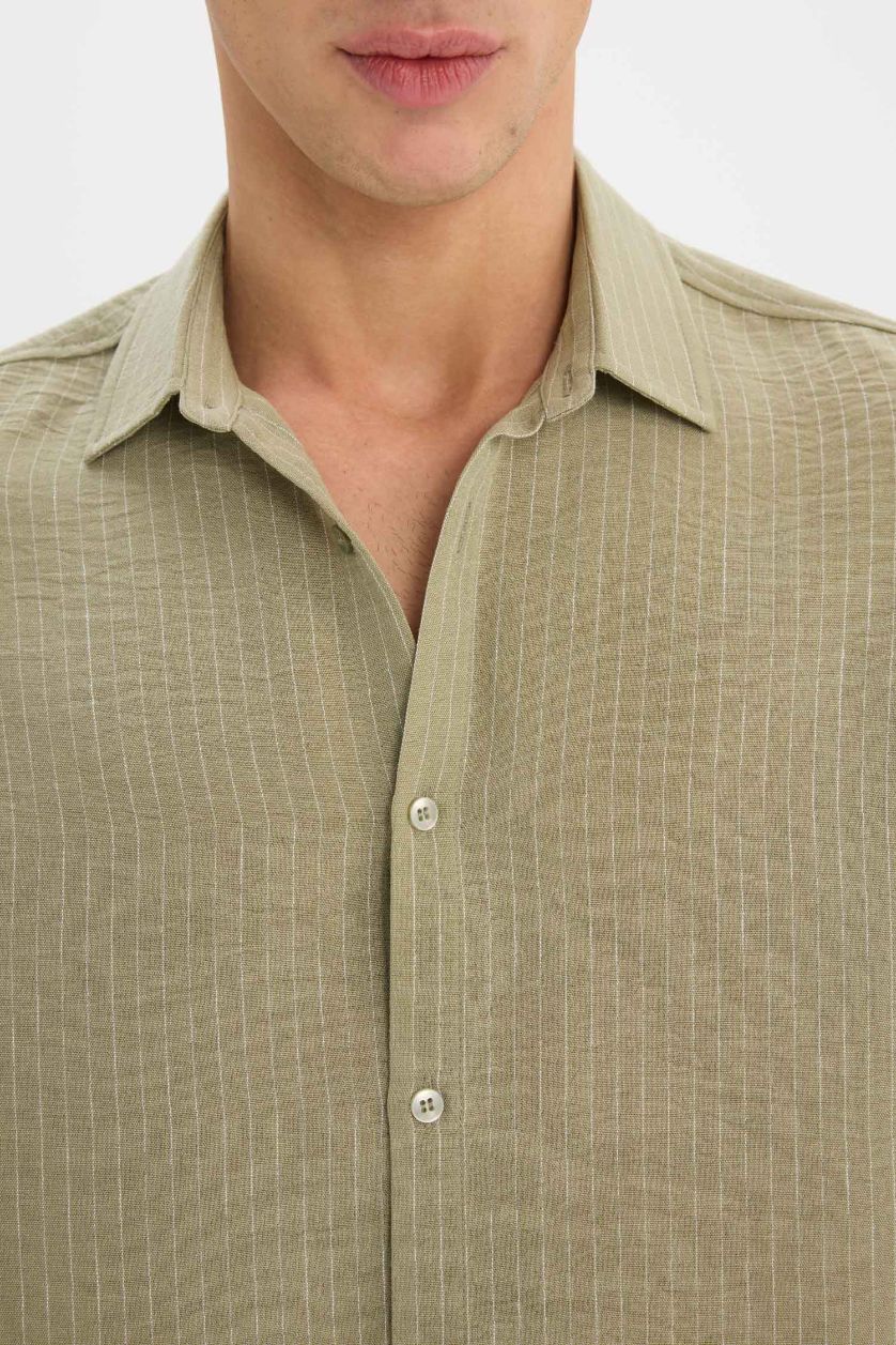 Erkek Açık Haki Regular Fit İtalyan Yaka Keten Görünümlü Uzun Kollu Gömlek