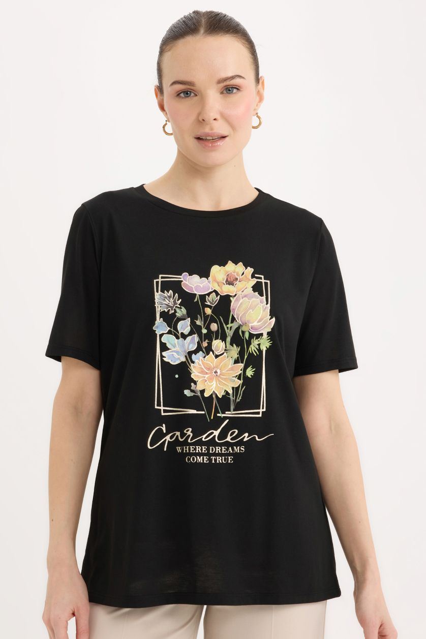 حريمي أسود تيشيرت نص كم مطبوع قصة عادية بياقة مستديرة