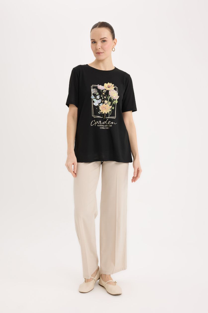 حريمي أسود تيشيرت نص كم مطبوع قصة عادية بياقة مستديرة