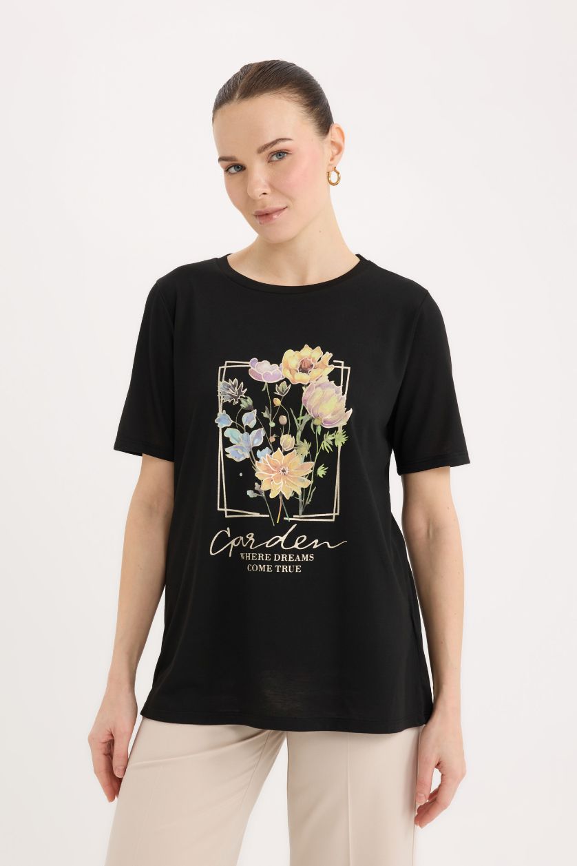 حريمي أسود تيشيرت نص كم مطبوع قصة عادية بياقة مستديرة