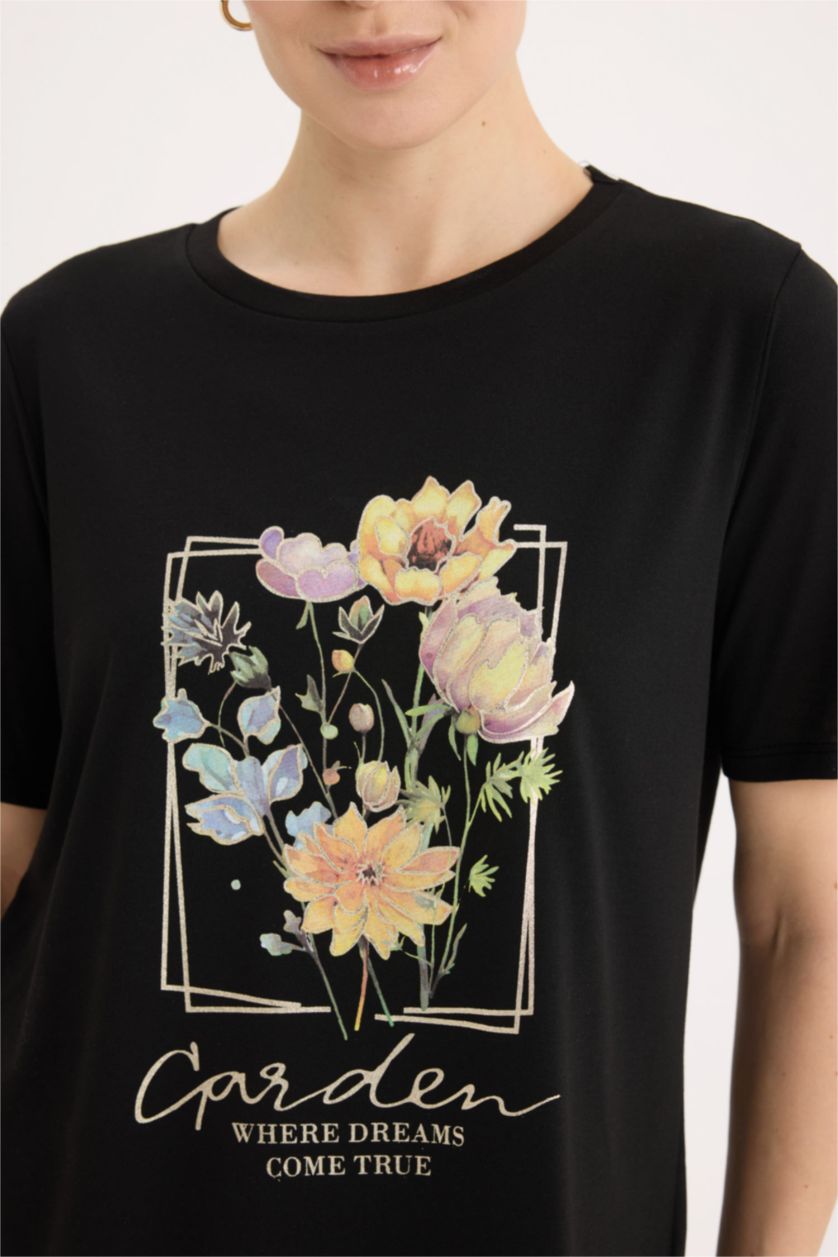 حريمي أسود تيشيرت نص كم مطبوع قصة عادية بياقة مستديرة