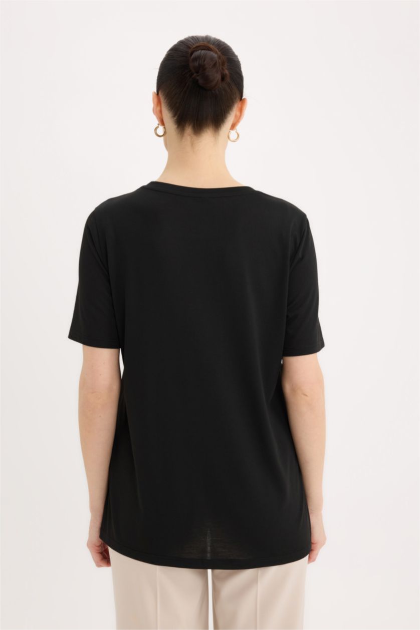 حريمي أسود تيشيرت نص كم مطبوع قصة عادية بياقة مستديرة