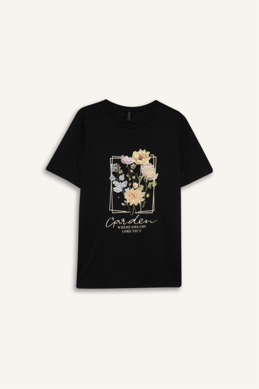 حريمي أسود تيشيرت نص كم مطبوع قصة عادية بياقة مستديرة