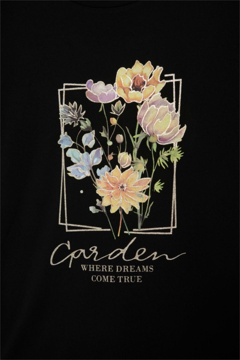 حريمي أسود تيشيرت نص كم مطبوع قصة عادية بياقة مستديرة