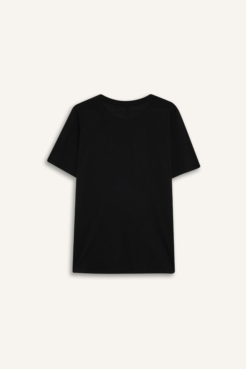 حريمي أسود تيشيرت نص كم مطبوع قصة عادية بياقة مستديرة