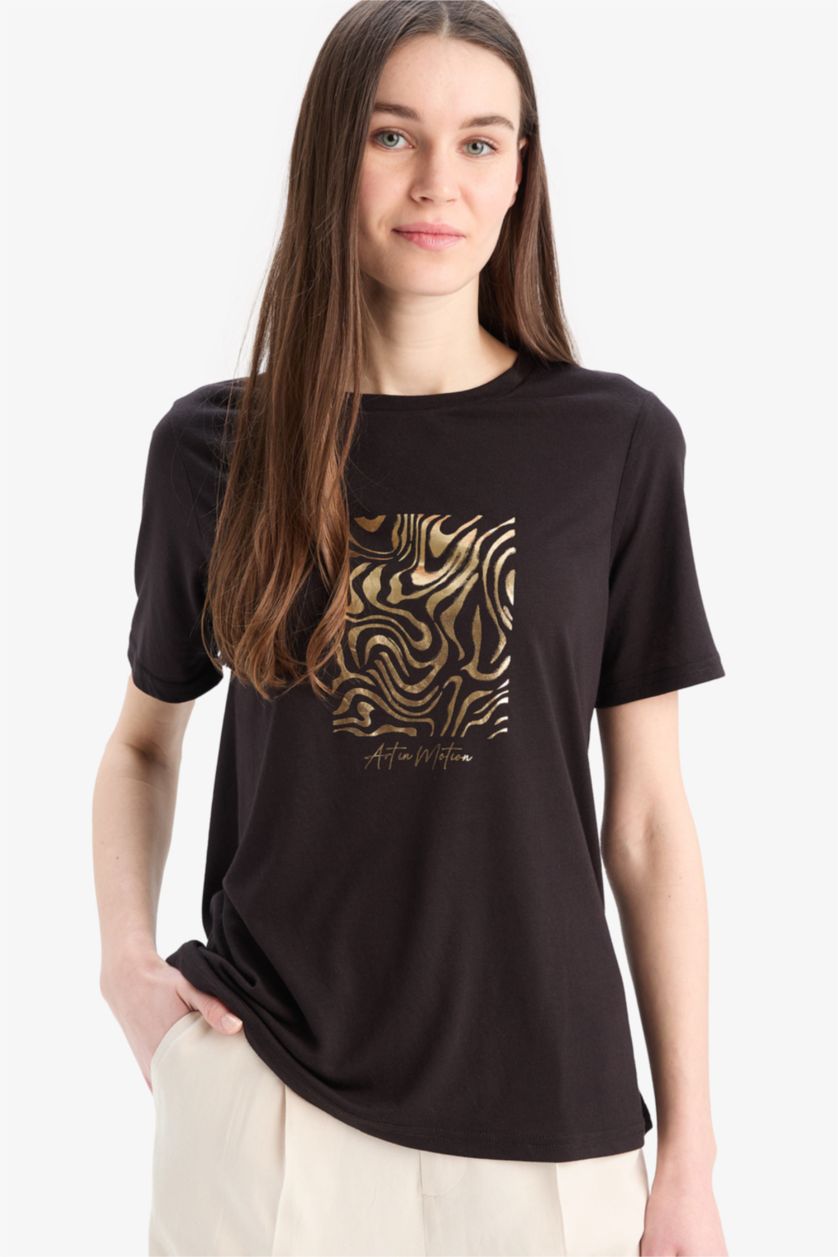 WOMAN Black Regular Fit Crew Neck Short Sleeve T-Shirt