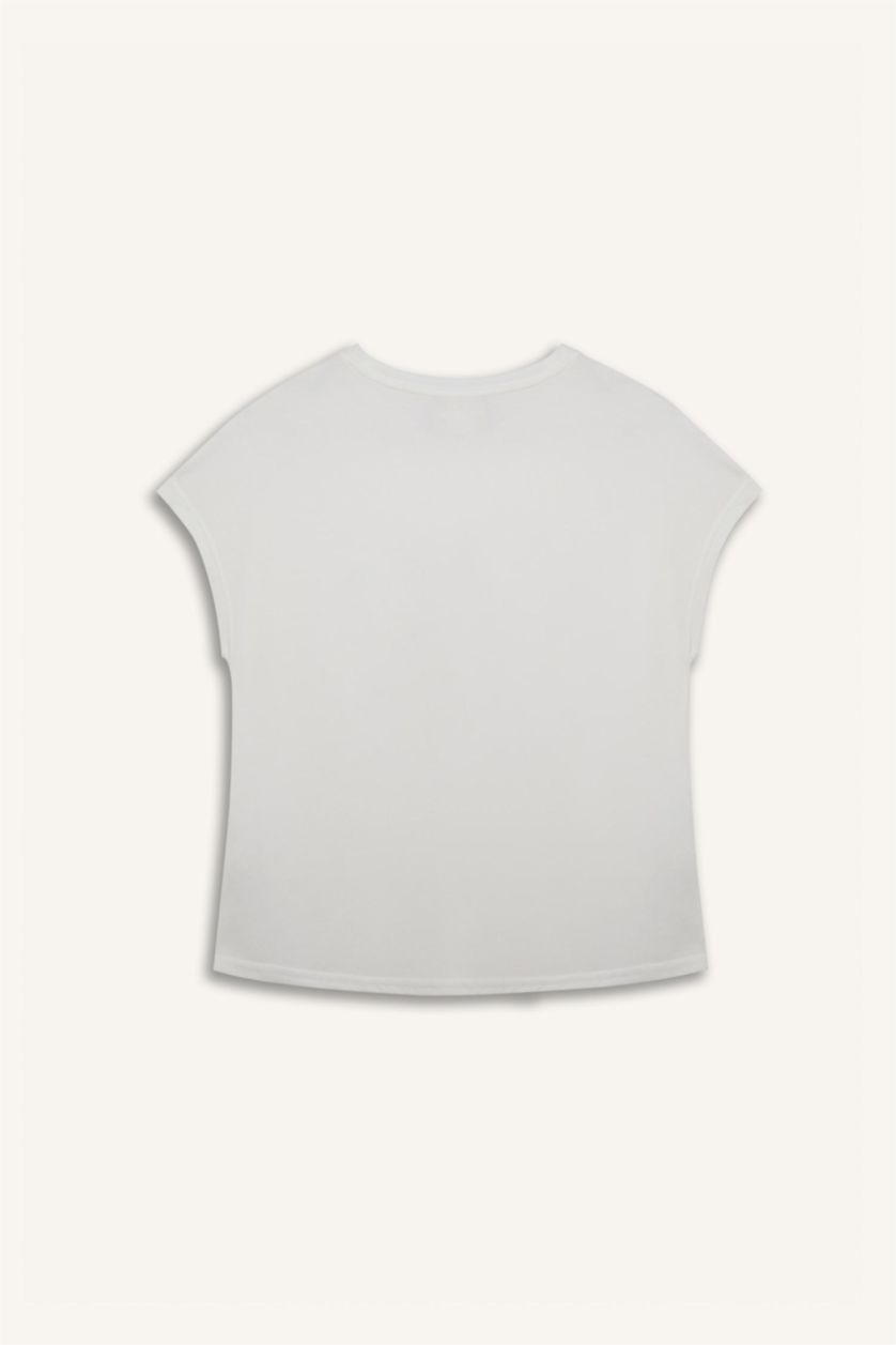 نساء بيج فاتح تي شيرت نص كم قصة عادية بياقة مستديرة