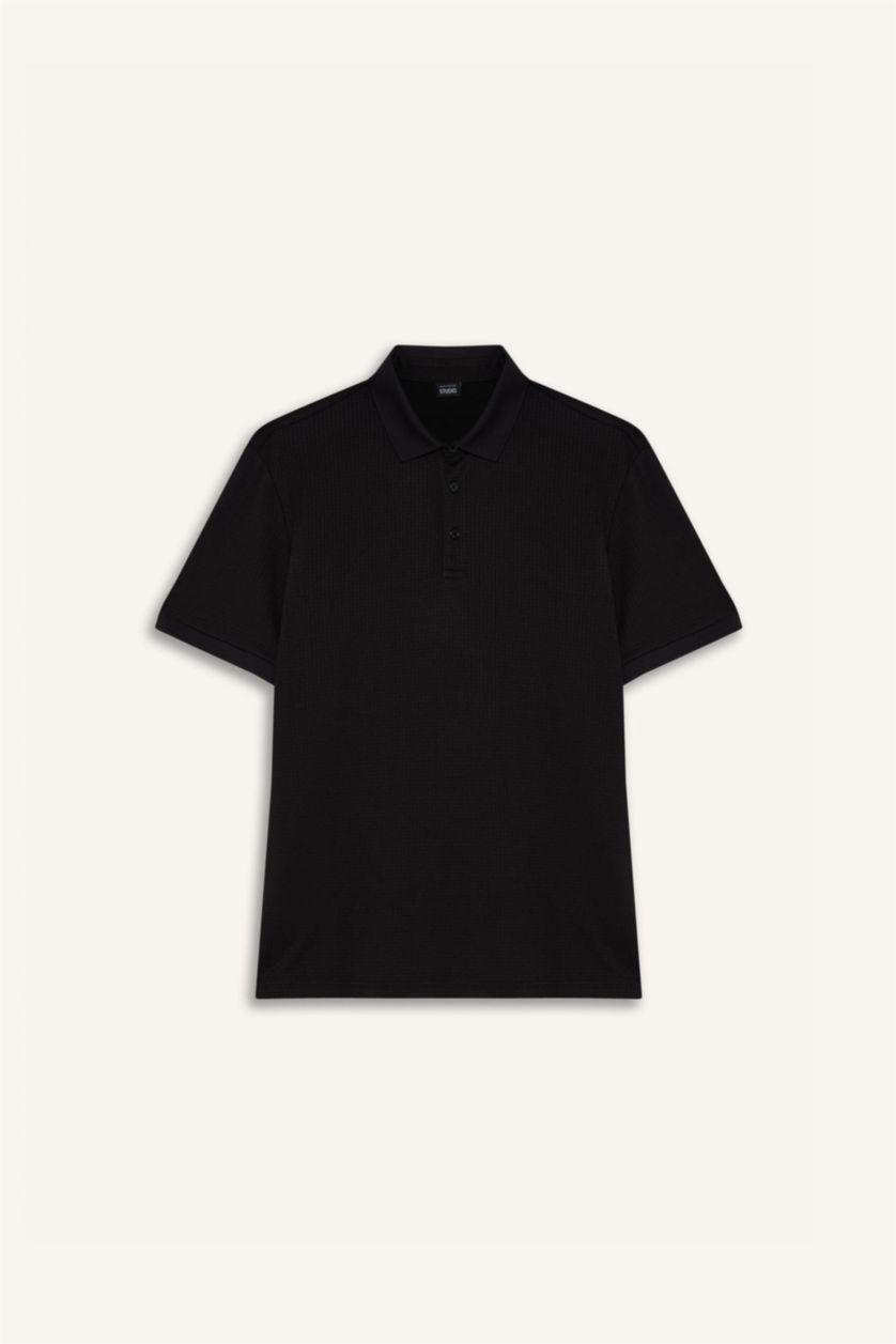 Erkek Siyah Slim Fit Dar Kesim Polo Yaka Dokulu Kısa Kollu Krinkıl Siyah Tişört