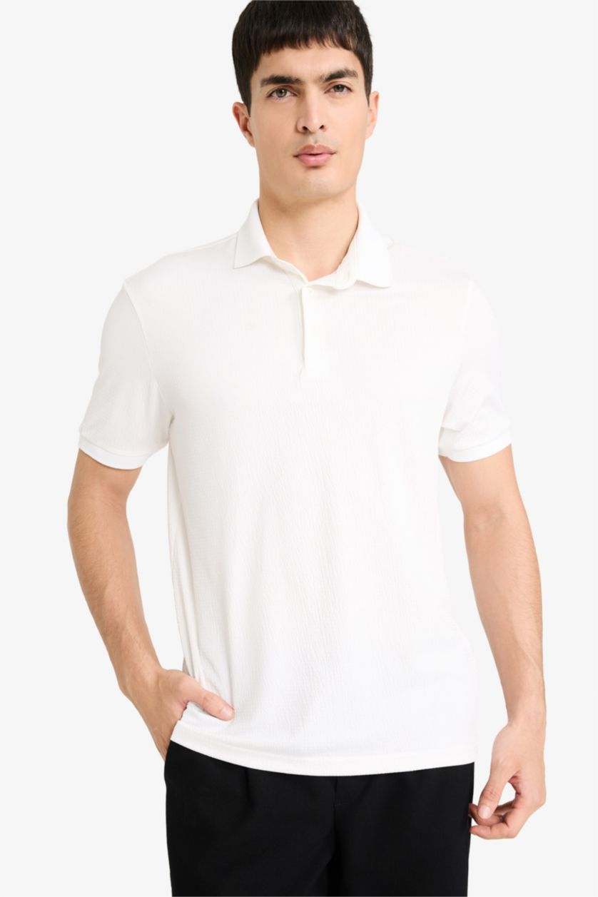Erkek Kırık Beyaz Slım Fıt Krinkıl Kısa Kollu Polo Tişört