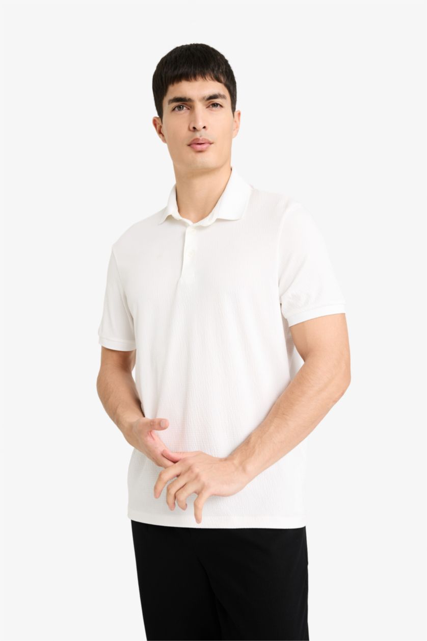 Erkek Kırık Beyaz Slım Fıt Krinkıl Kısa Kollu Polo Tişört