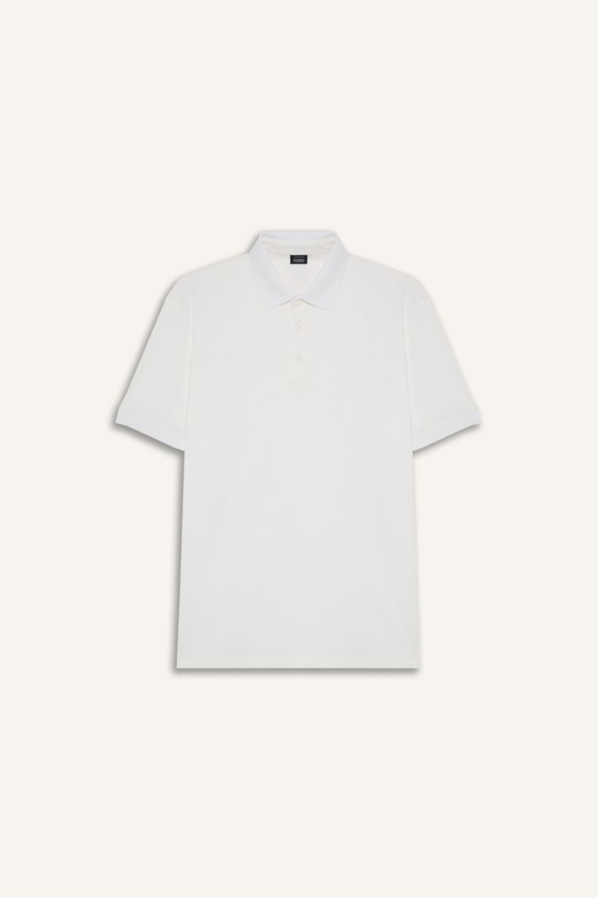 Erkek Kırık Beyaz Slım Fıt Krinkıl Kısa Kollu Polo Tişört