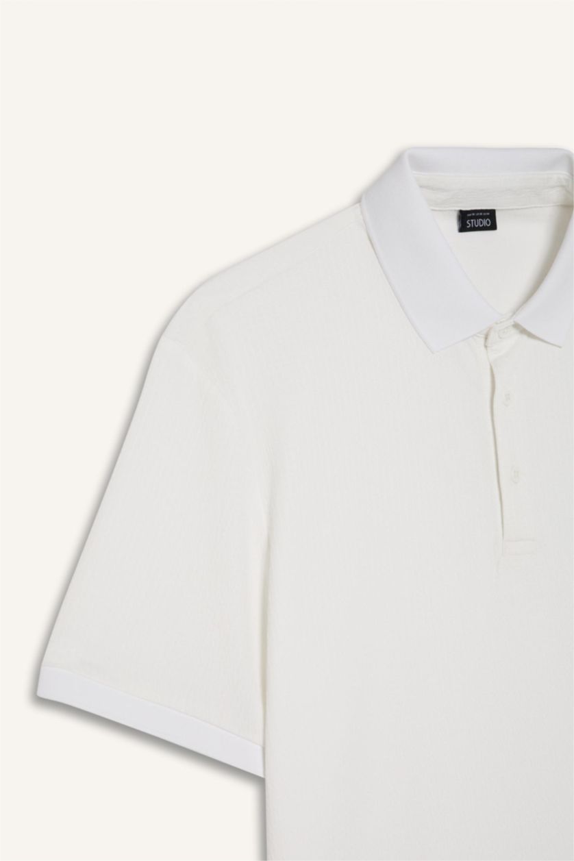 Erkek Kırık Beyaz Slım Fıt Krinkıl Kısa Kollu Polo Tişört