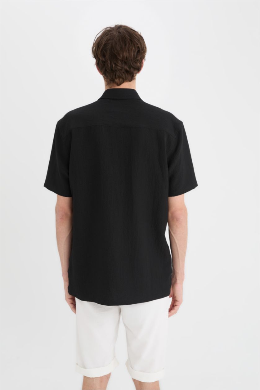 رجالي أسود قميص نص كم مجعد قصة عادية بياقة بولو