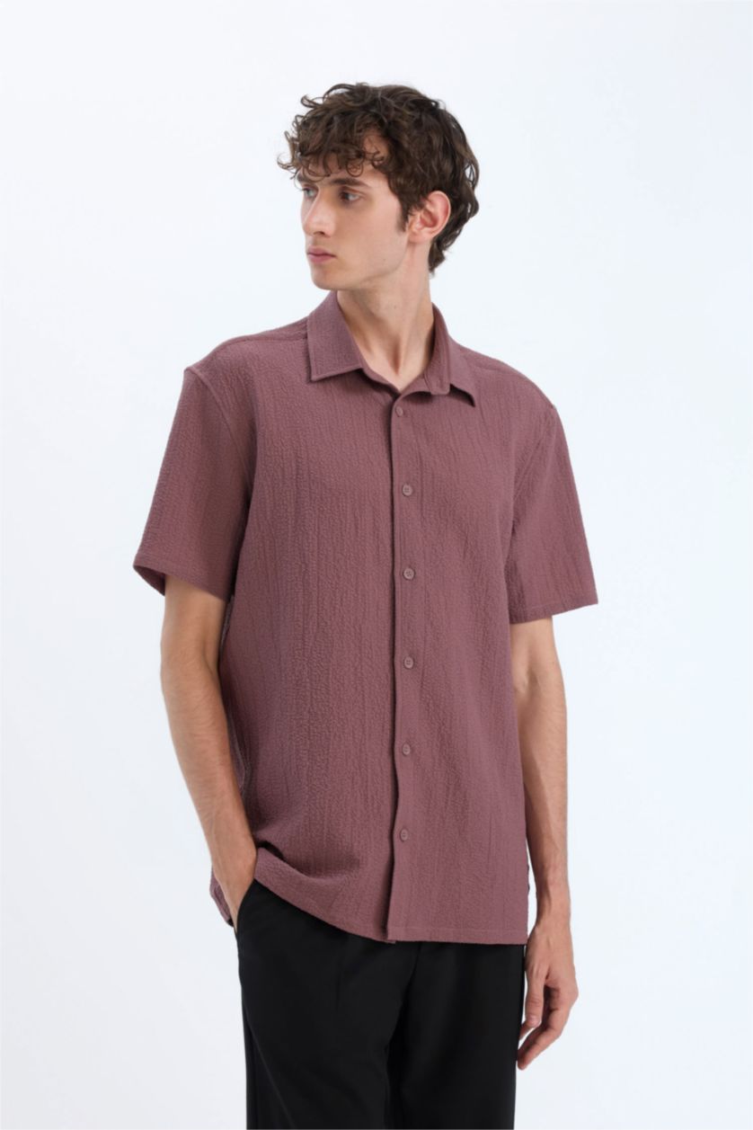 Мужчины Коричневый Летняя рубашка поло из кринкля, стандартная посадка, короткий рукав