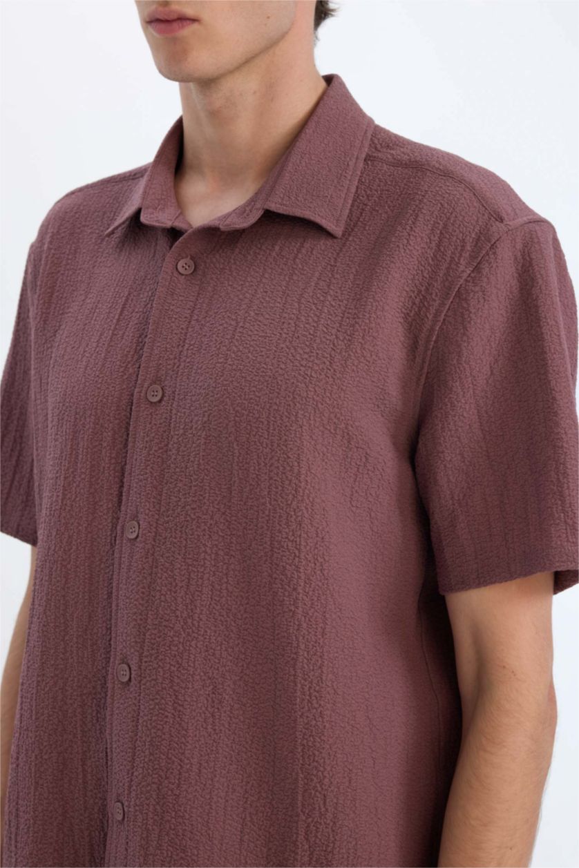 Мужчины Коричневый Летняя рубашка поло из кринкля, стандартная посадка, короткий рукав