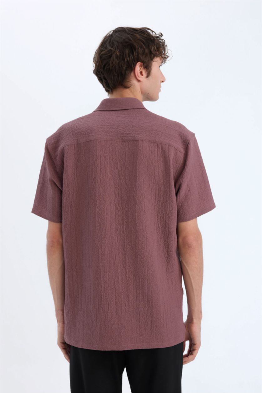 Мужчины Коричневый Летняя рубашка поло из кринкля, стандартная посадка, короткий рукав