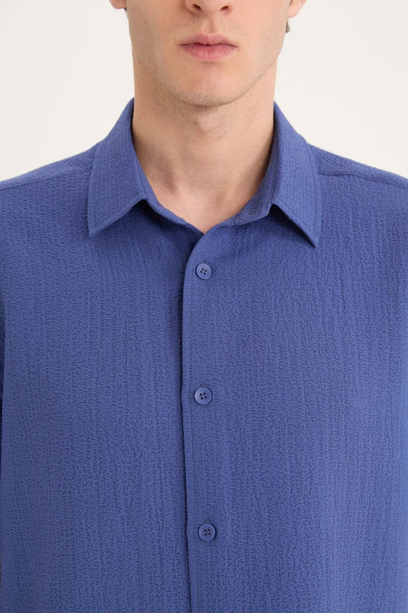 Erkek Menekşe Regular Fit Krinkıl Yazlık Kısa Kollu Gömlek