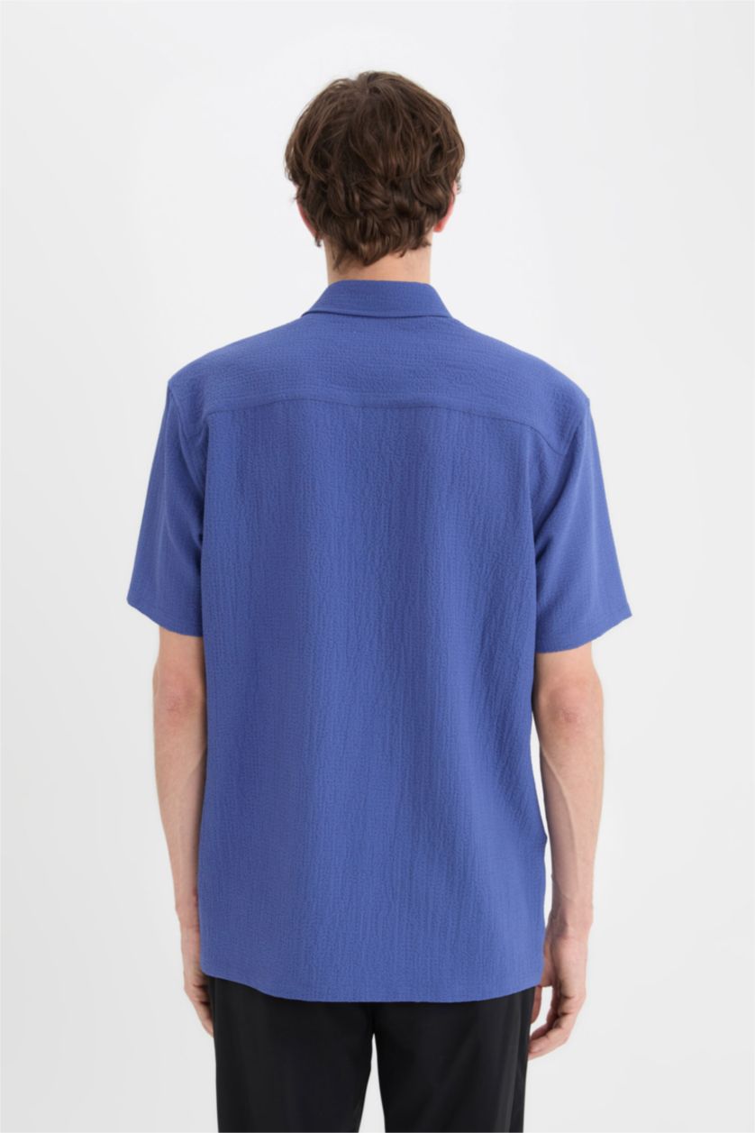 Erkek Menekşe Regular Fit Krinkıl Yazlık Kısa Kollu Gömlek