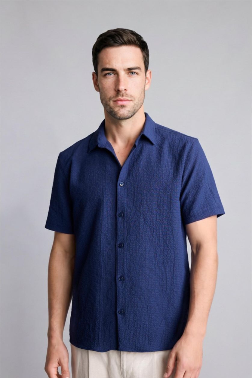 Erkek Lacivert Regular Fit Kısa kollu Kırışık dokulu Gömlek