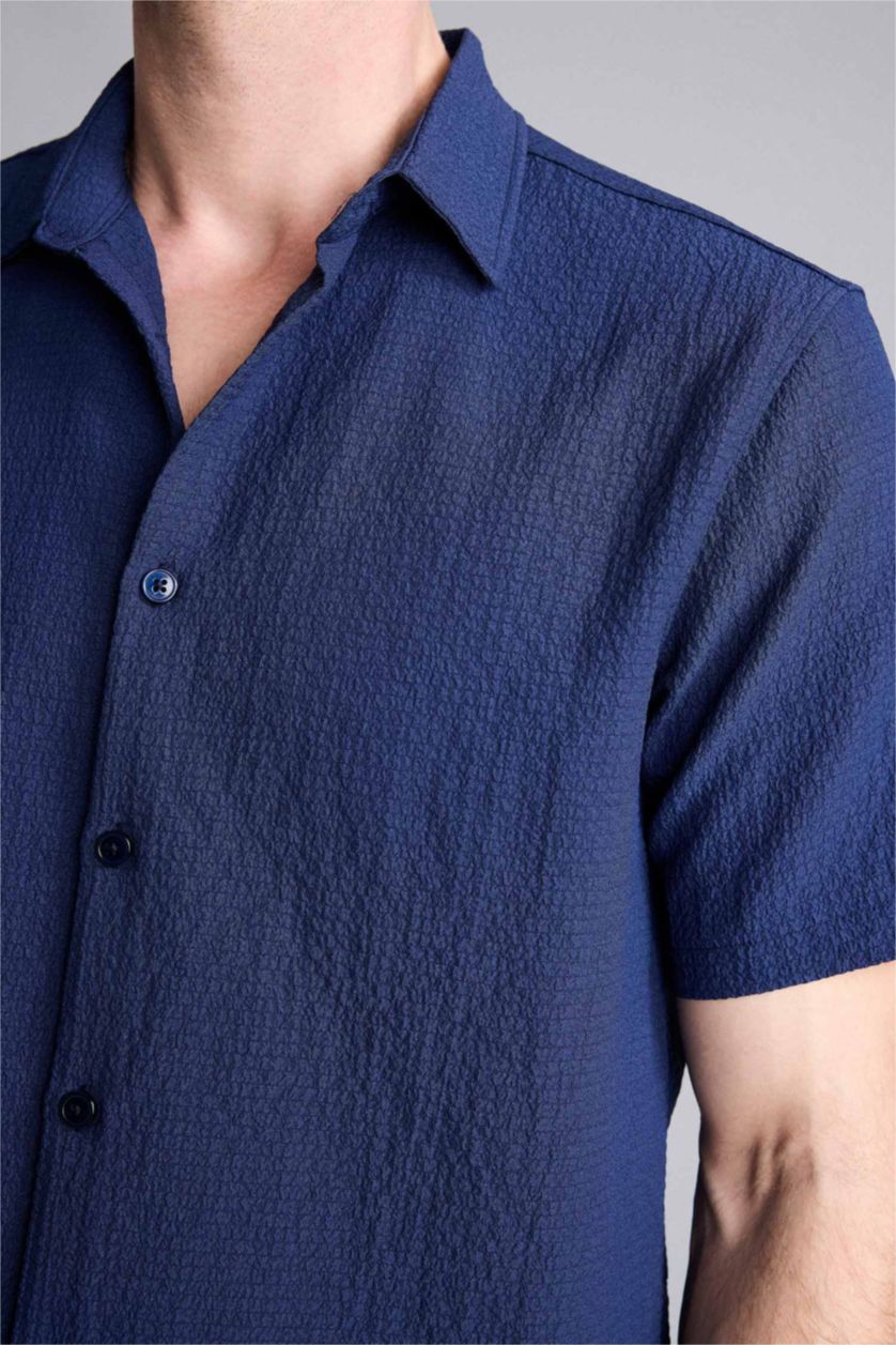 Erkek Lacivert Regular Fit Kısa kollu Kırışık dokulu Gömlek
