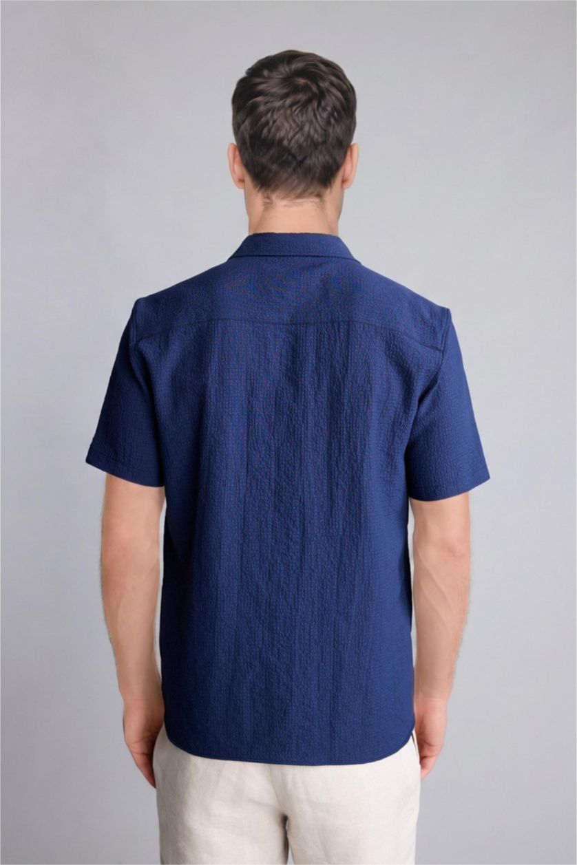 Erkek Lacivert Regular Fit Kısa kollu Kırışık dokulu Gömlek