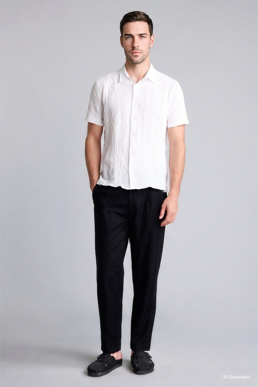 Men White Regular Fit Polo Collar Crinkle Short Sleeve Shirt