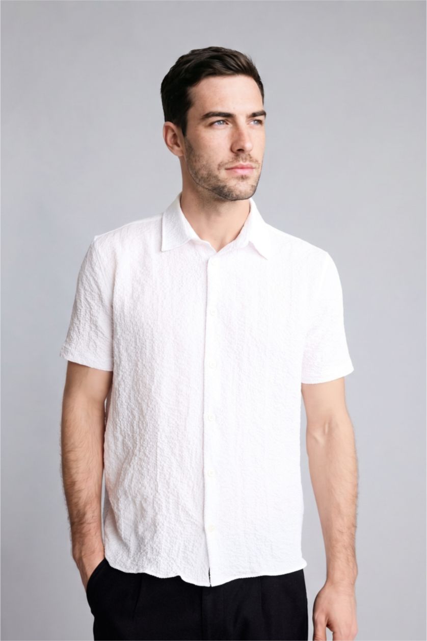 Erkek Kırık Beyaz Regular Fit Kısa kollu Kırışık dokulu Gömlek
