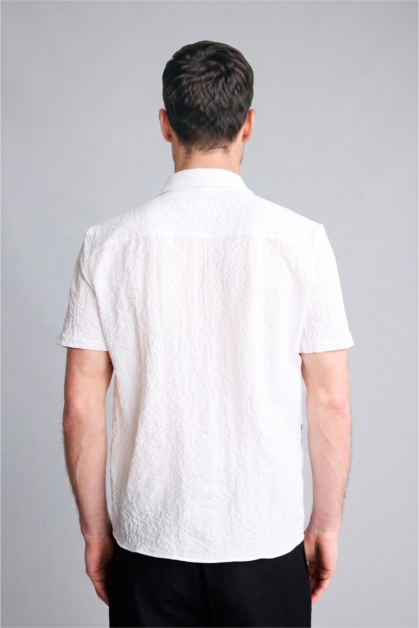 Erkek Kırık Beyaz Regular Fit Kısa kollu Kırışık dokulu Gömlek