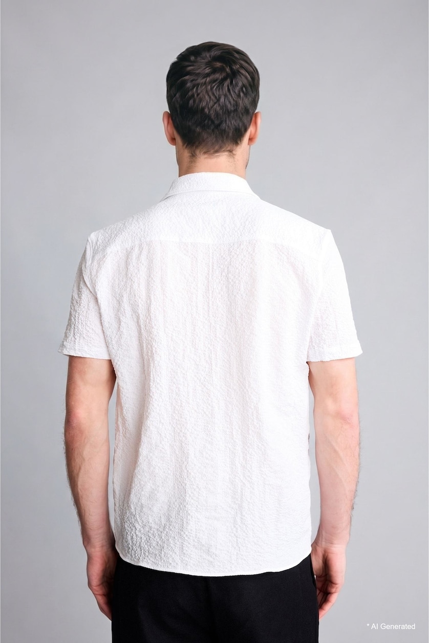 Men White Regular Fit Polo Collar Crinkle Short Sleeve Shirt