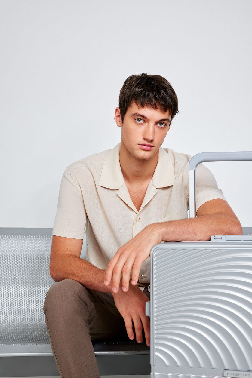 Erkek Bej Melanj Relax Fit Polo Yaka Keten Görünümlü Yazlık Kısa Kollu Gömlek