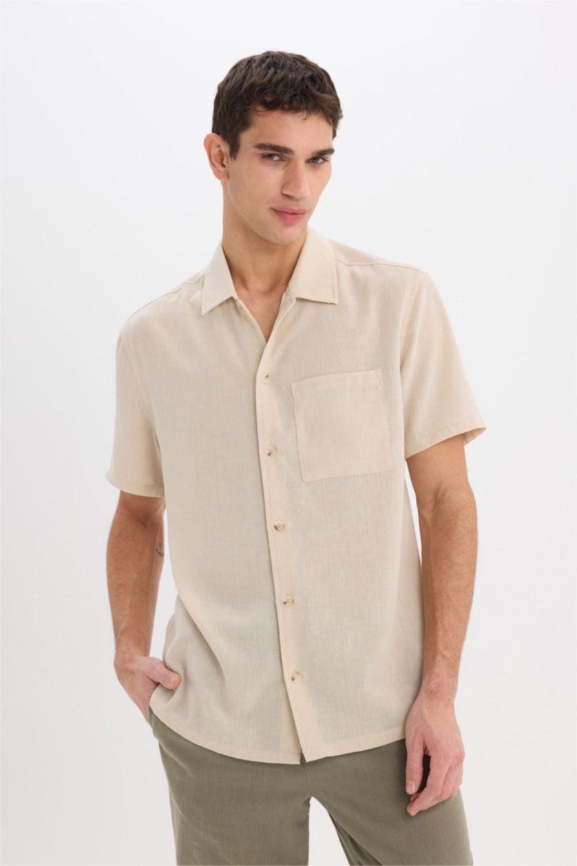 Мужчины Бежевый меланж Relax Fit Polo Neck Short Sleeve Linen Look Shirt