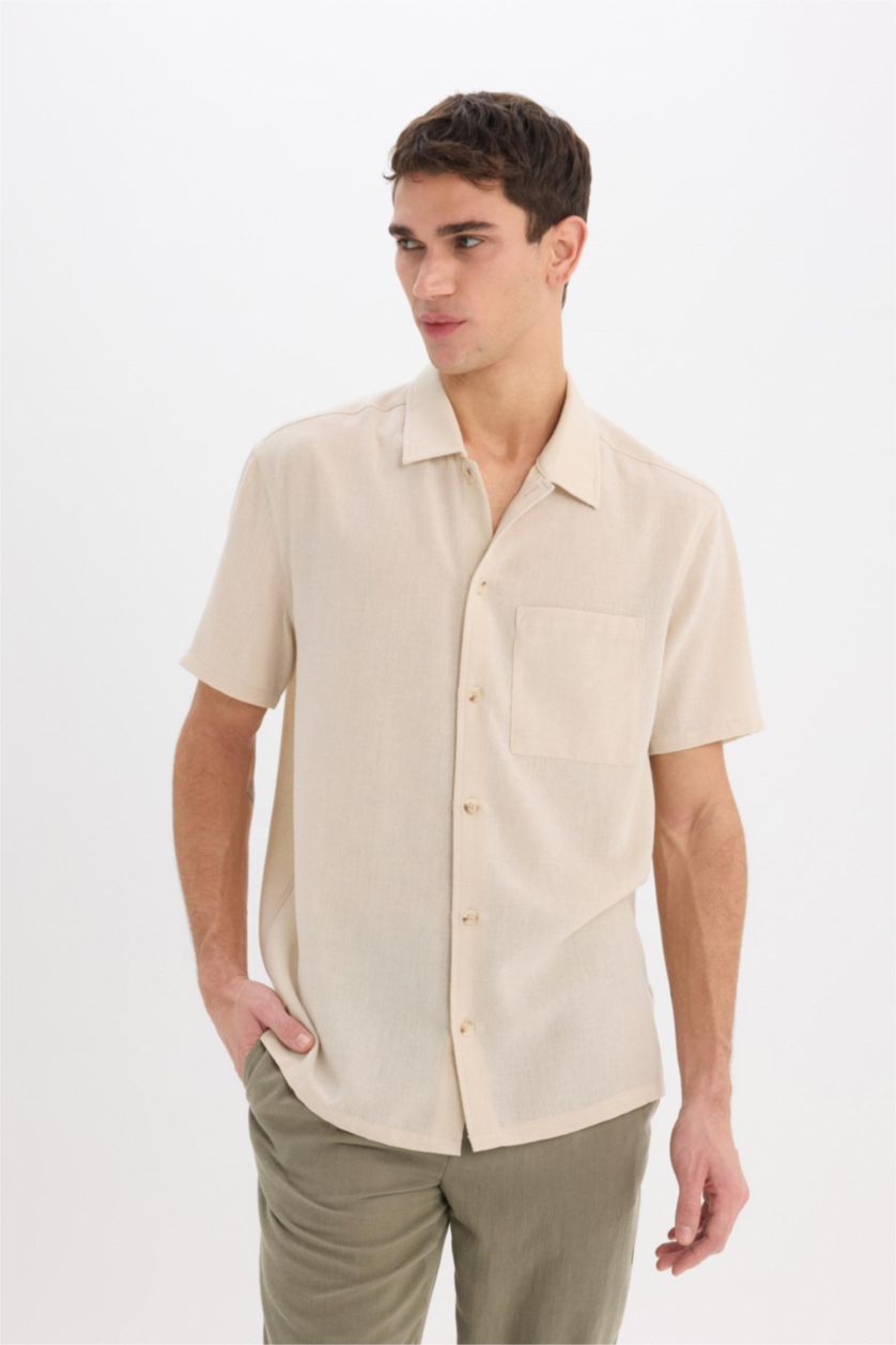 Erkek Bej Melanj Relax Fit Polo Yaka Keten Görünümlü Yazlık Kısa Kollu Gömlek