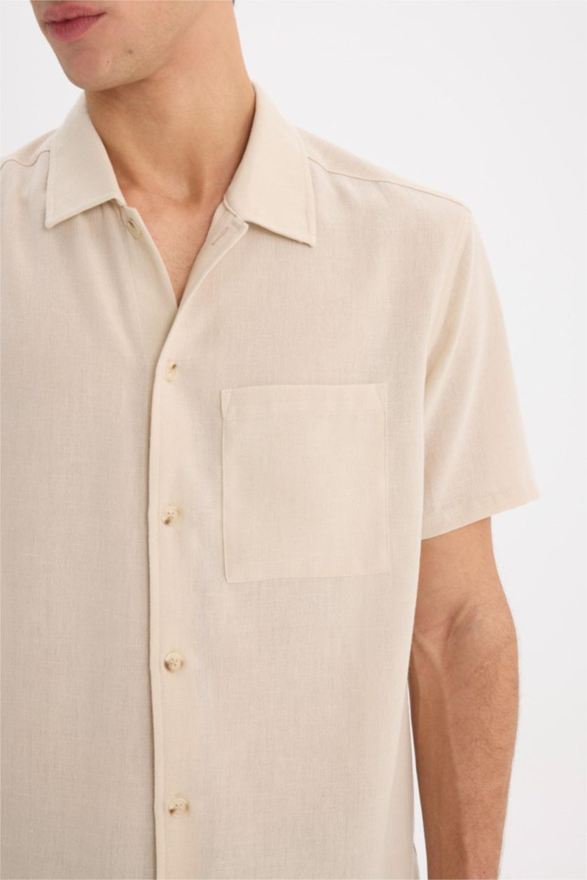 Мужчины Бежевый меланж Relax Fit Polo Neck Short Sleeve Linen Look Shirt