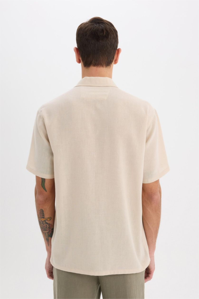 Мужчины Бежевый меланж Relax Fit Polo Neck Short Sleeve Linen Look Shirt