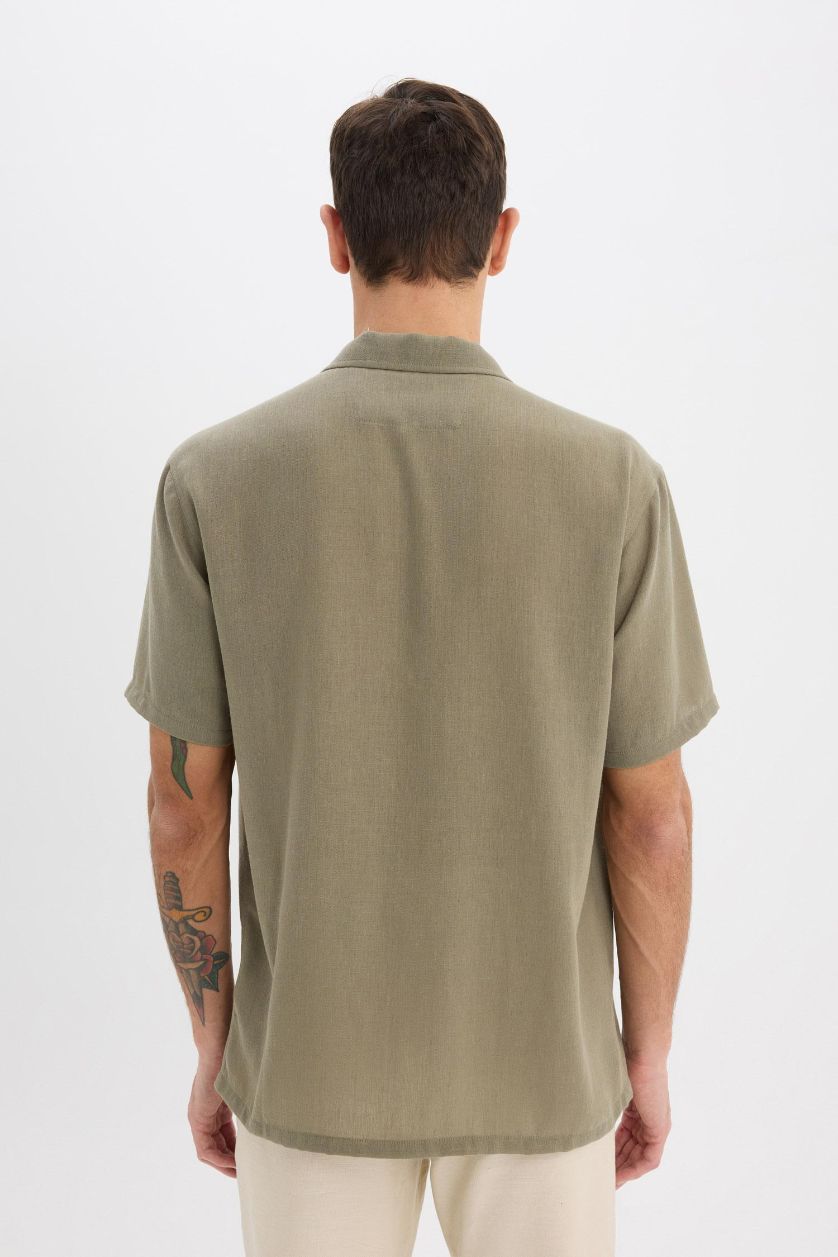 Мужчины Хаки Рубашка с короткими рукавами и сезоном "лето" из льняной ткани с поло-воротником relax fit