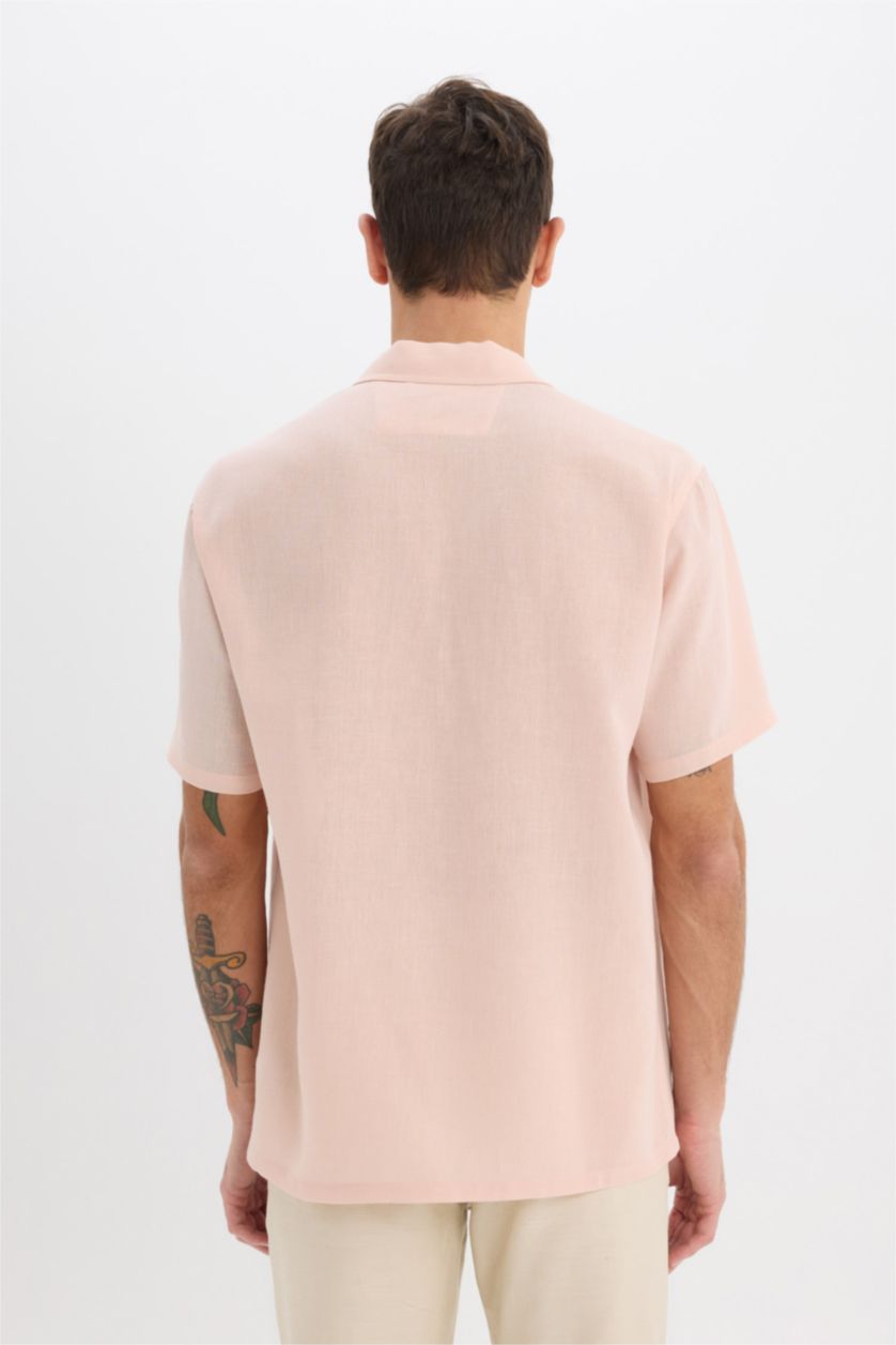 رجالي زهري قميص كتان نص كم قصة مريحة بياقة بولو