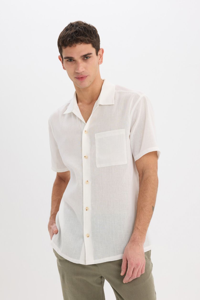 Erkek Kırık Beyaz Relax Fit Polo Yaka Keten Görünümlü Yazlık Kısa Kollu Beyaz Gömlek