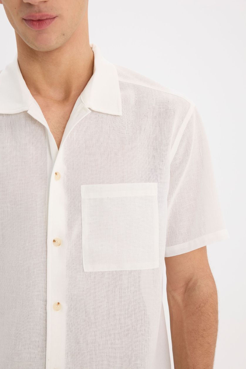 Erkek Kırık Beyaz Relax Fit Polo Yaka Keten Görünümlü Yazlık Kısa Kollu Beyaz Gömlek