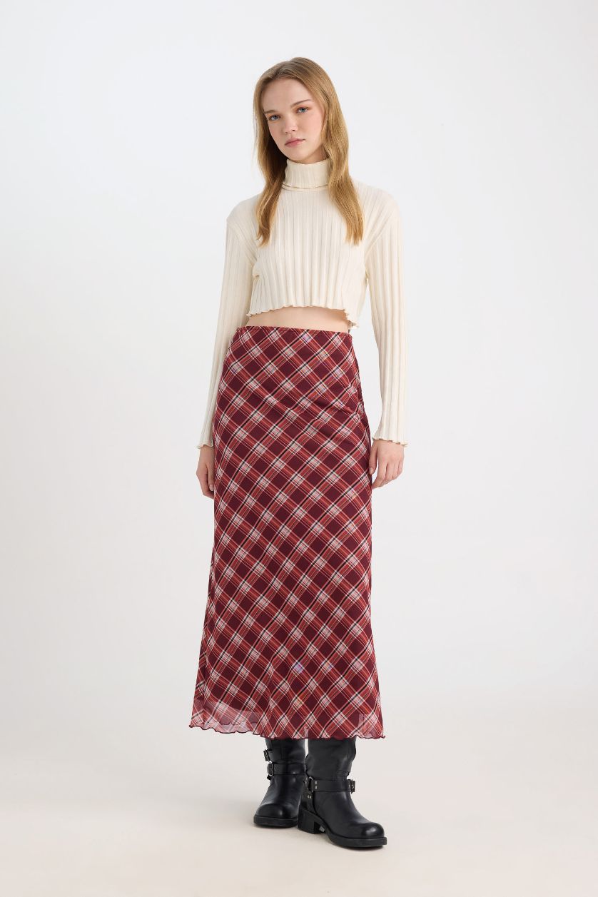 Woman Bordeaux A Cut Patterned Normal Waist Tulle Maxi Skirt