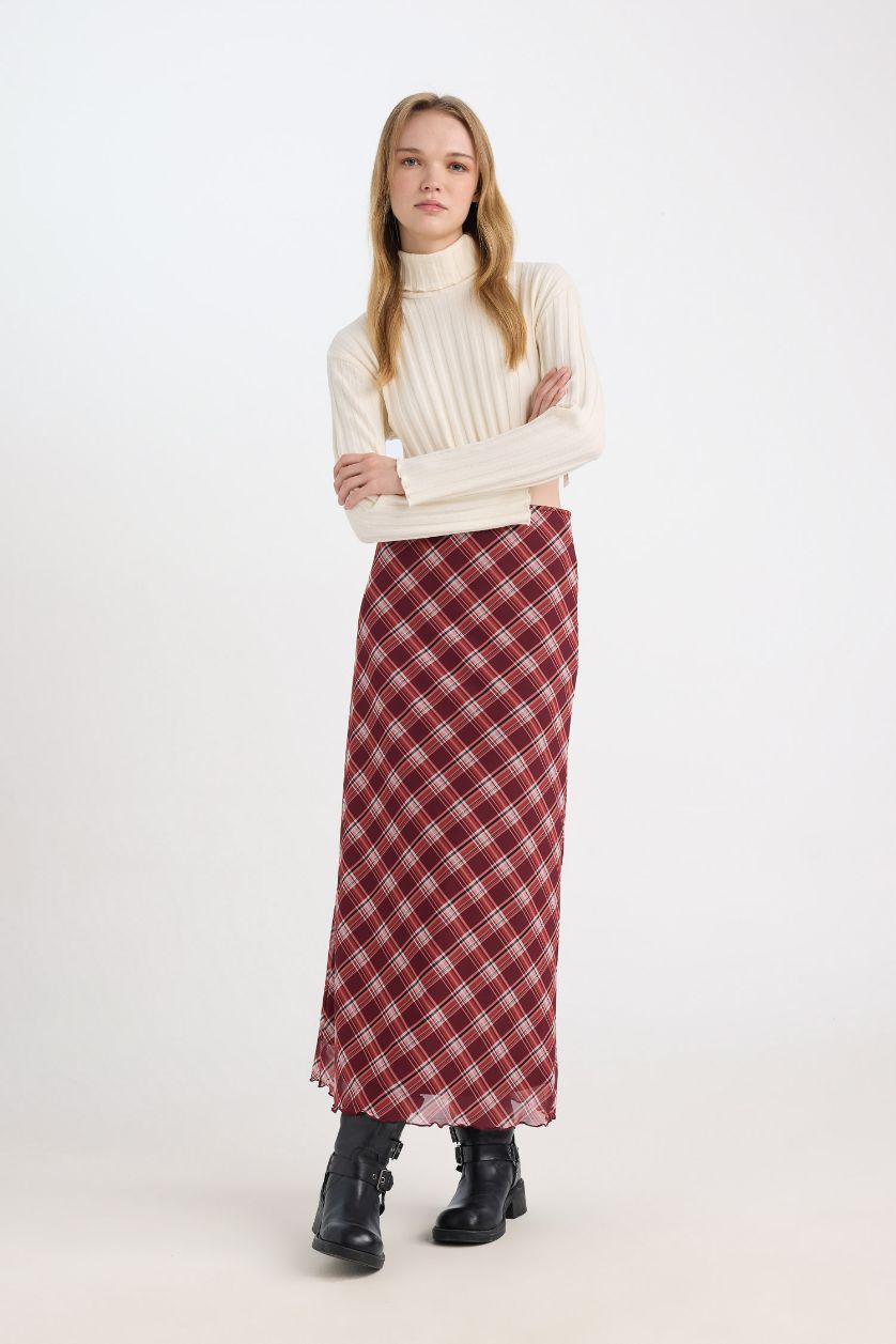 Woman Bordeaux A Cut Patterned Normal Waist Tulle Maxi Skirt