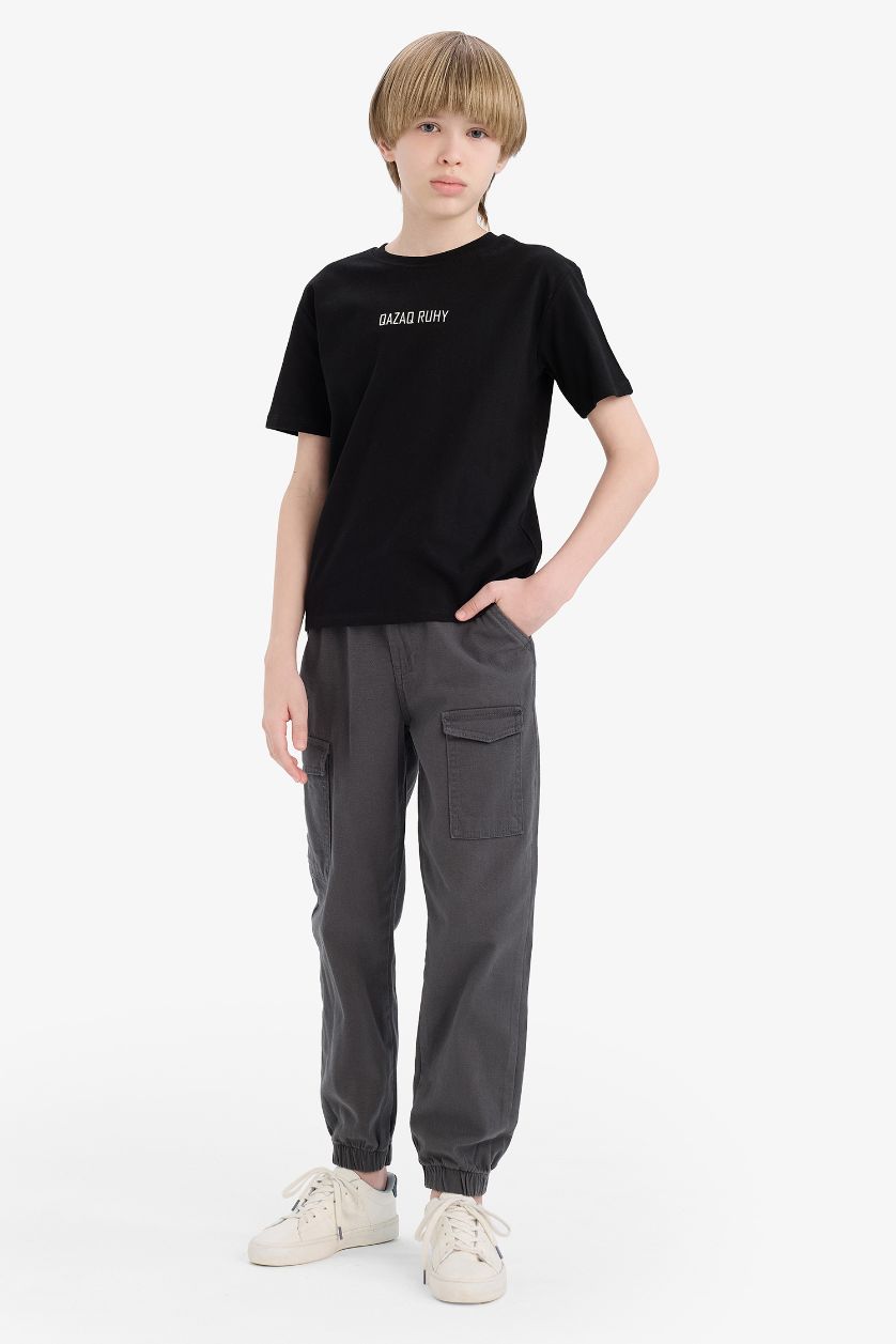 أولادي أسود تيشيرت اولادي نص كم بطبعة شعار قصة عادية برقبة مستديرة