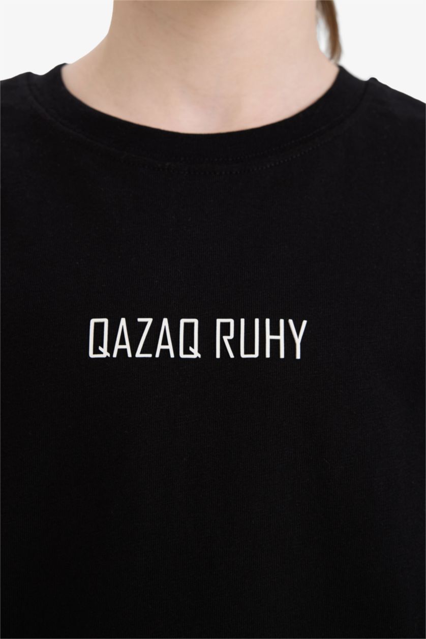 أولادي أسود تيشيرت اولادي نص كم بطبعة شعار قصة عادية برقبة مستديرة