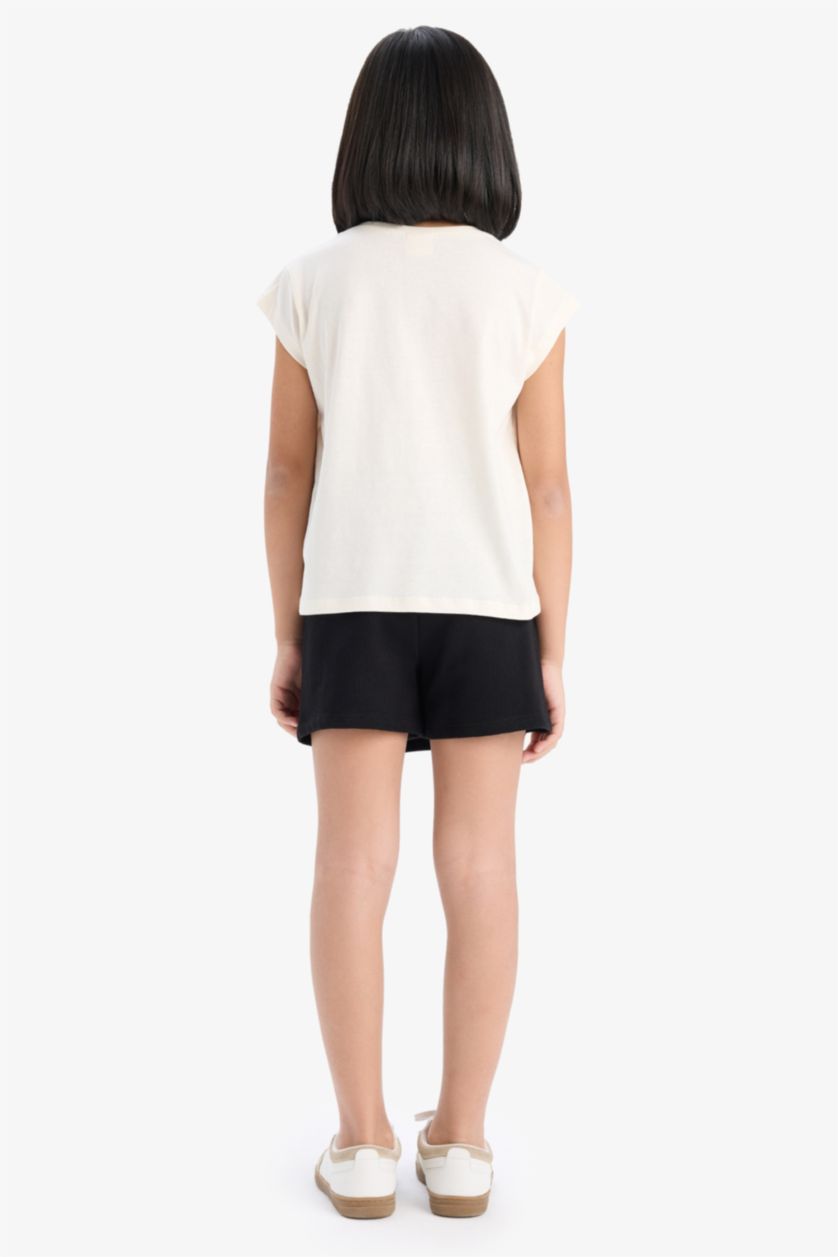 Kız Çocuk - Genç Kız Bej 2'li Takım Baskılı Kolsuz Tişört Şort Etek Kız Çocuk