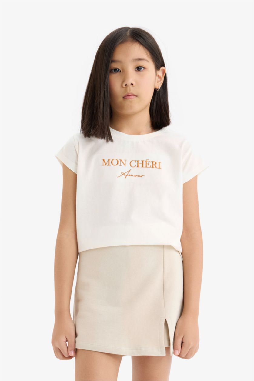 Kız Çocuk - Genç Kız Ekru 2'li Takım Baskılı Kısa Kollu Tişört Şort Etek Kız Çocuk