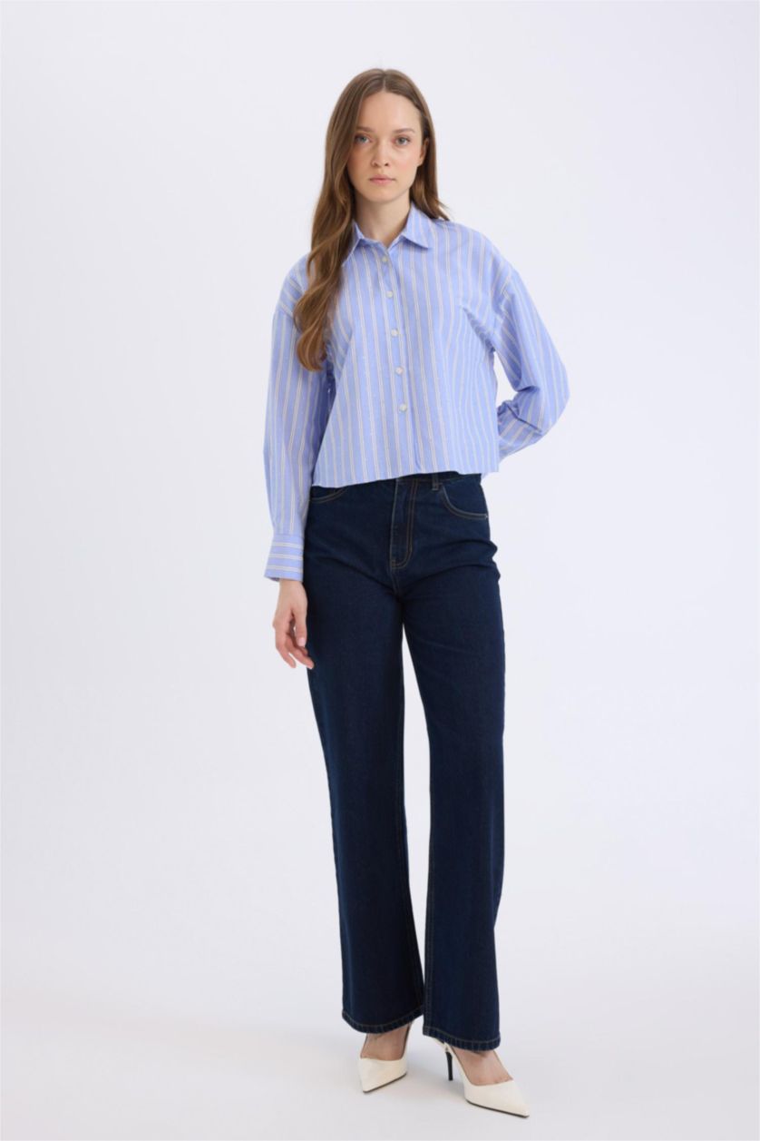 Kadın Lacivert Relax Fit Çizgili Poplin Uzun Kollu Gömlek