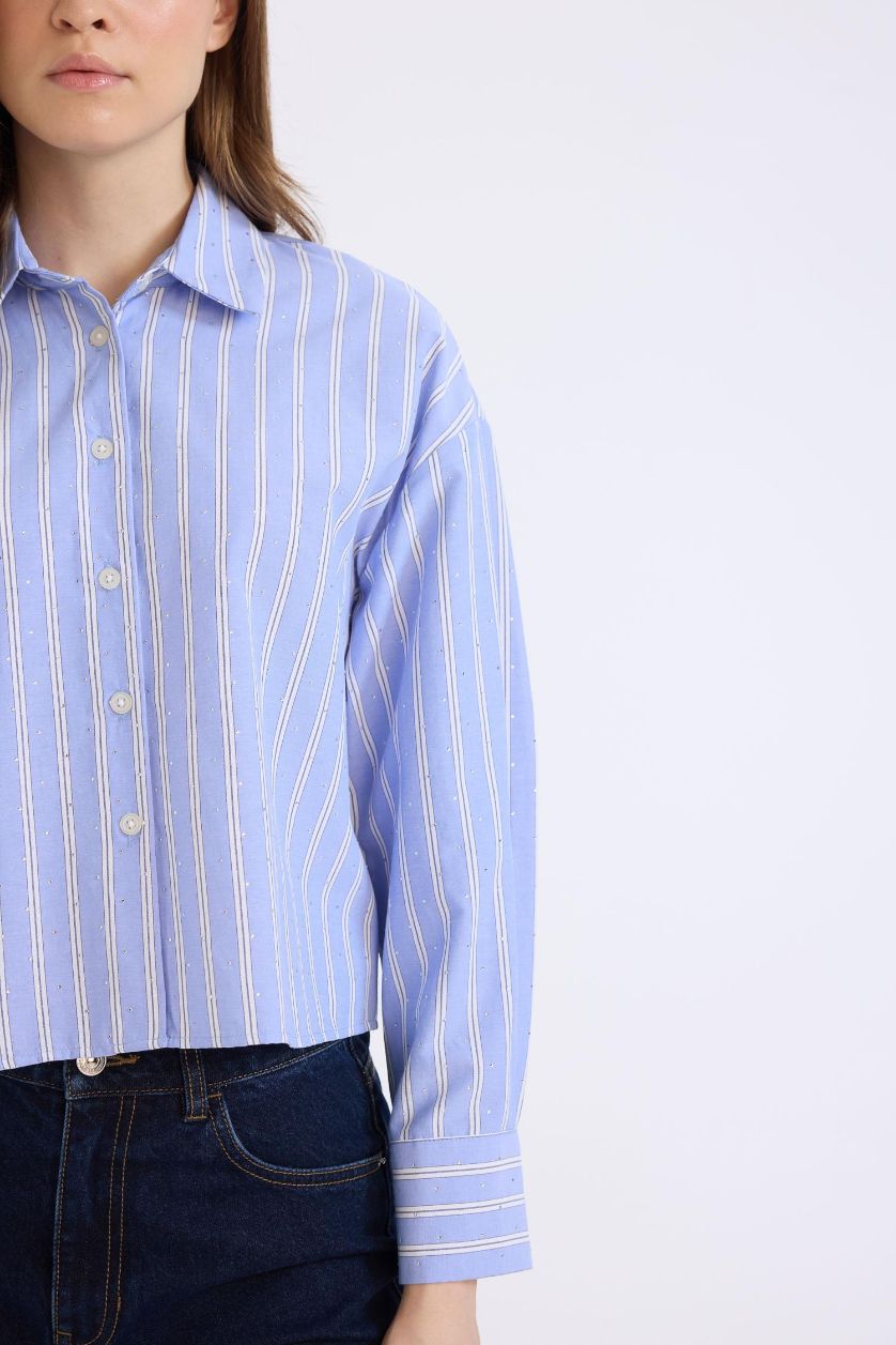 Kadın Lacivert Relax Fit Çizgili Poplin Uzun Kollu Gömlek