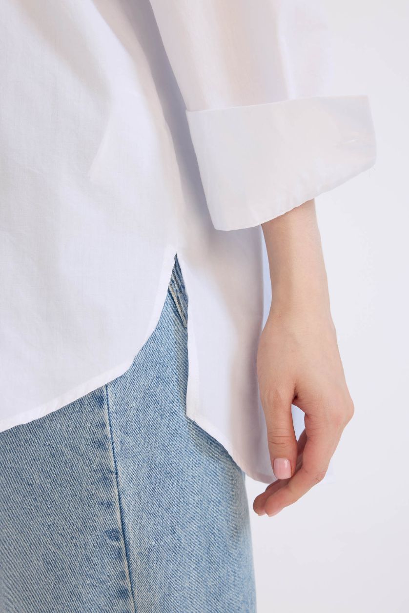 Kadın Violet Beyaz Relax Fit Kapüşonlu Basic Düz Poplin Uzun Kollu Beyaz Tesettür Gömlek Tunik